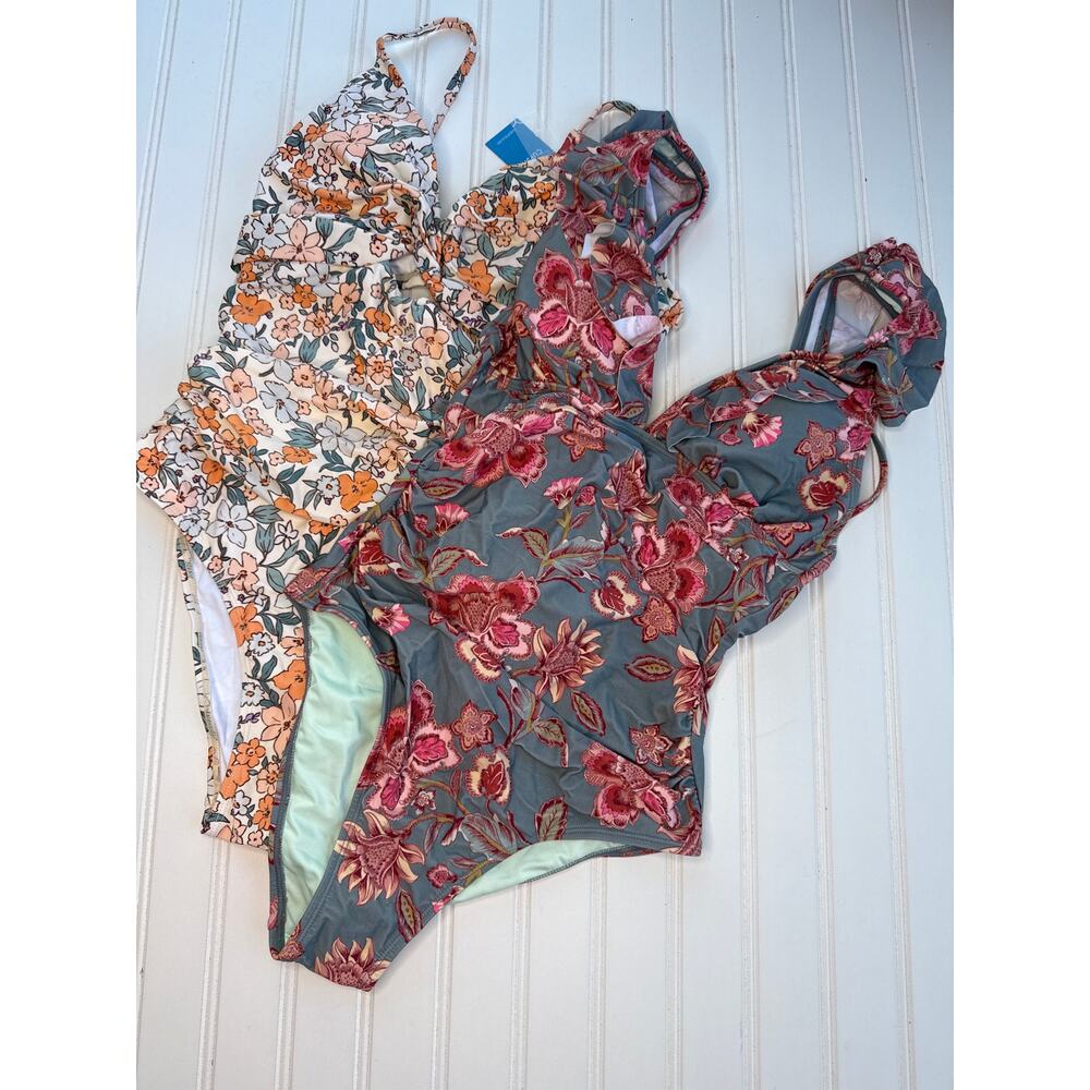 NWT Cupshe Lot of 2 One Piece Swimsuits Floral Padded Swim Paddle Bundle Sz L